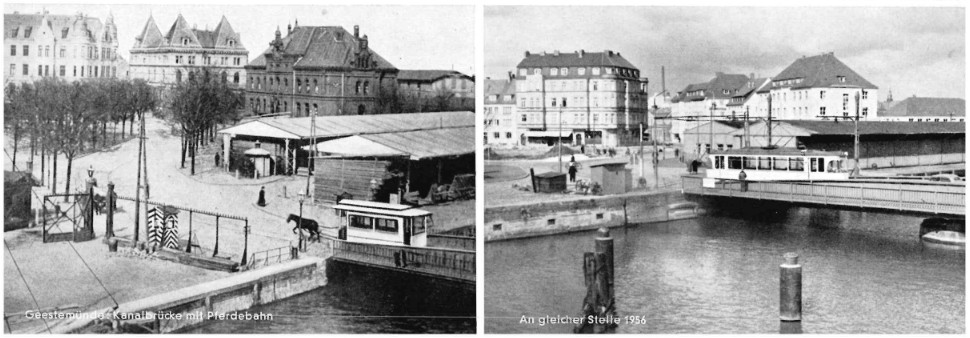 Historische Fotografien aus Bremerhaven, zwei verschiedene Brücken, über die jeweils ein Straßenbahnwagen fährt